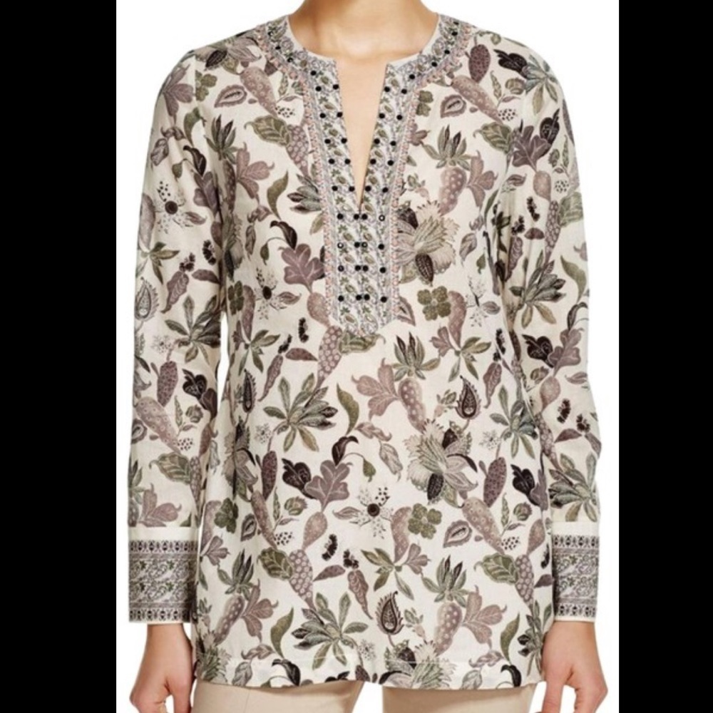 Tory Burch Ivory Botanical Print Cotton Tunic Top